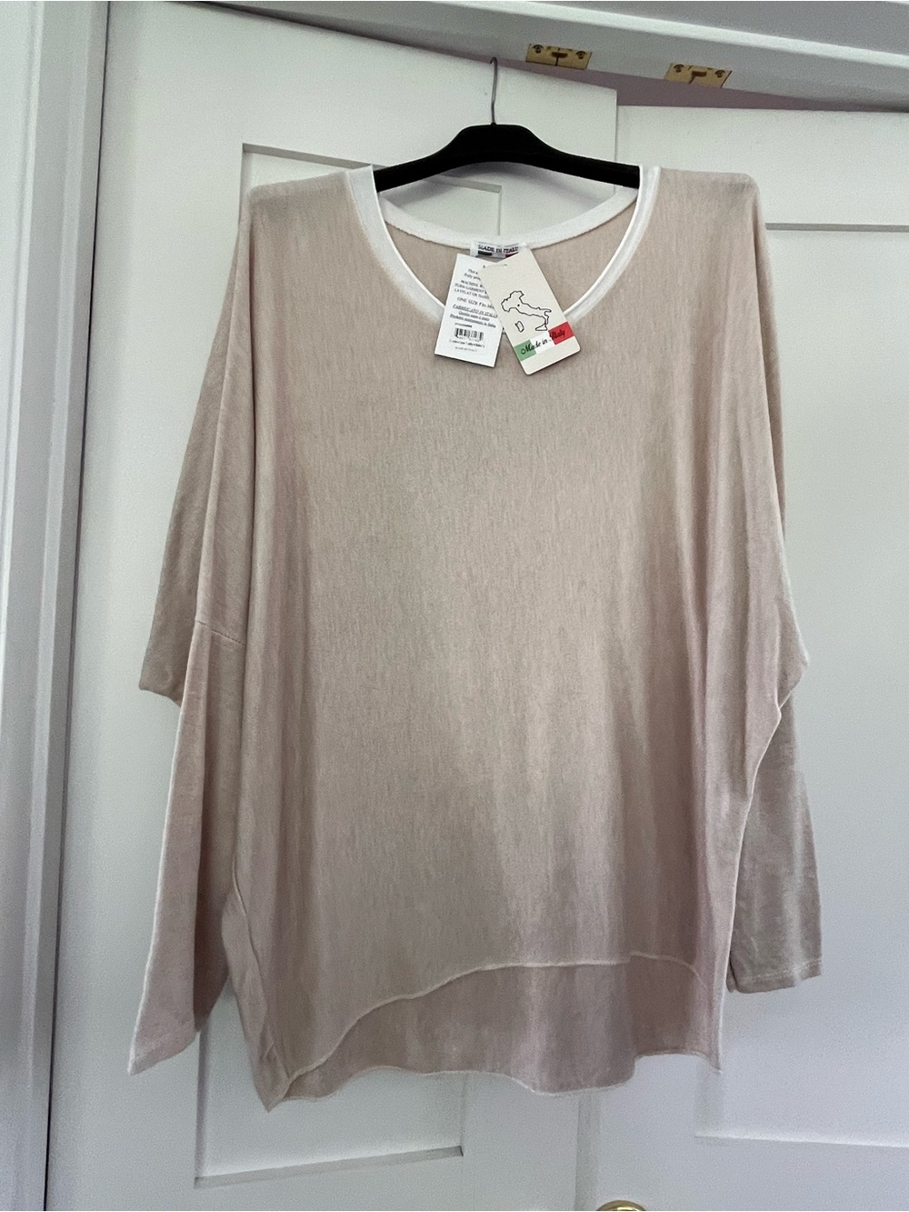Italian Light Taupe V-Neck Oversized Top with White Trim